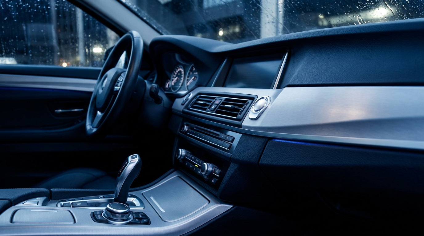 Illuminated cockpit of a luxury vehicle at night in the rain