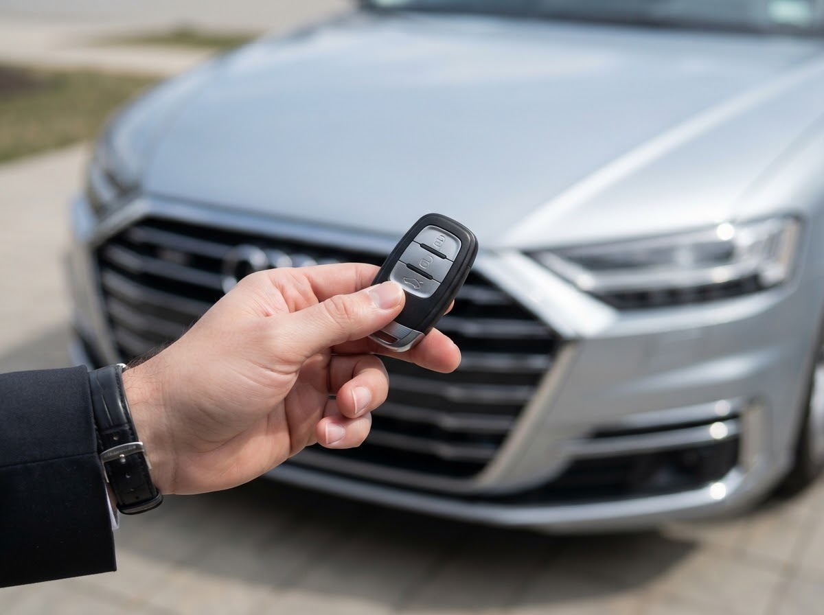 Hand holding a smart key fob in front of a silver car