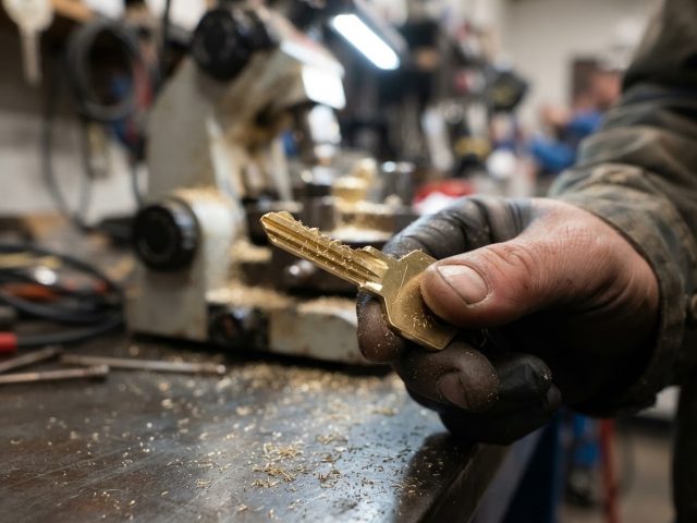 Hand holding a freshly cut brass key beside a key-cutting machine