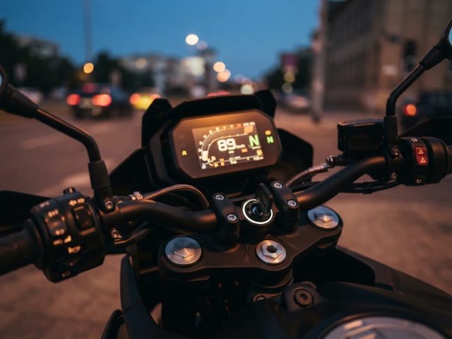 Motorcycle dashboard and handlebars at dusk with the ignition key in place